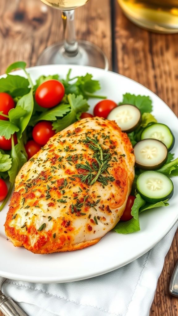 Savory Herb-Crusted Chicken Breast Recipe Herb-crusted chicken breast with salad on a rustic table.